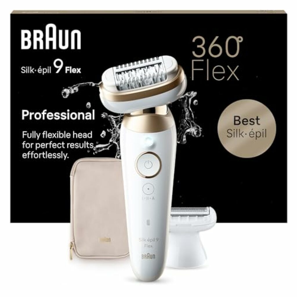 Braun Silk-épil 9 Flex, Epilierer mit flexiblem 360 Kopf für eine einfache Haarentfernung, Wet&Dry, langanhaltend seidig-glatte Haut, Rasier- und Trimmeraufsätze, Made in Germany, 9-041 3D, Weiß/Gold