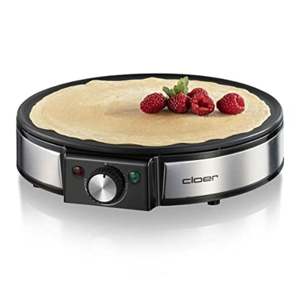 Cloer 6630 Crêpes-Maker, für süße oder herzhafte Crepes mit 30 cm Ø, 1200 W, Antihaftbeschichtung, inkl. Teigverteiler aus Holz und Wender, schwarz