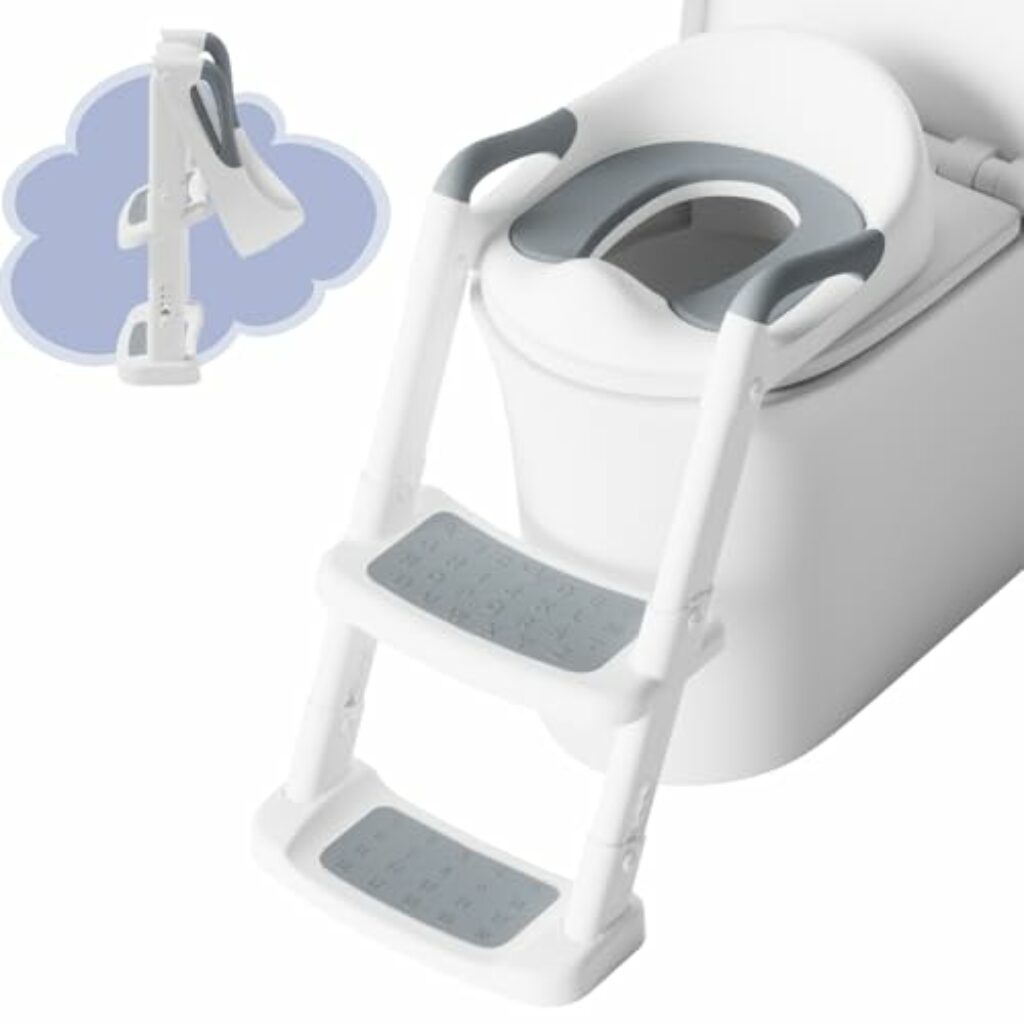 DEANIC Toilettensitz Kinder mit Treppe, Töpfchen mit Leiter &PU Gepolstert, Toilettenaufsatz für Kinder ab 1-7 jahre, Klositz für Kinder 38-47cm (Grau)