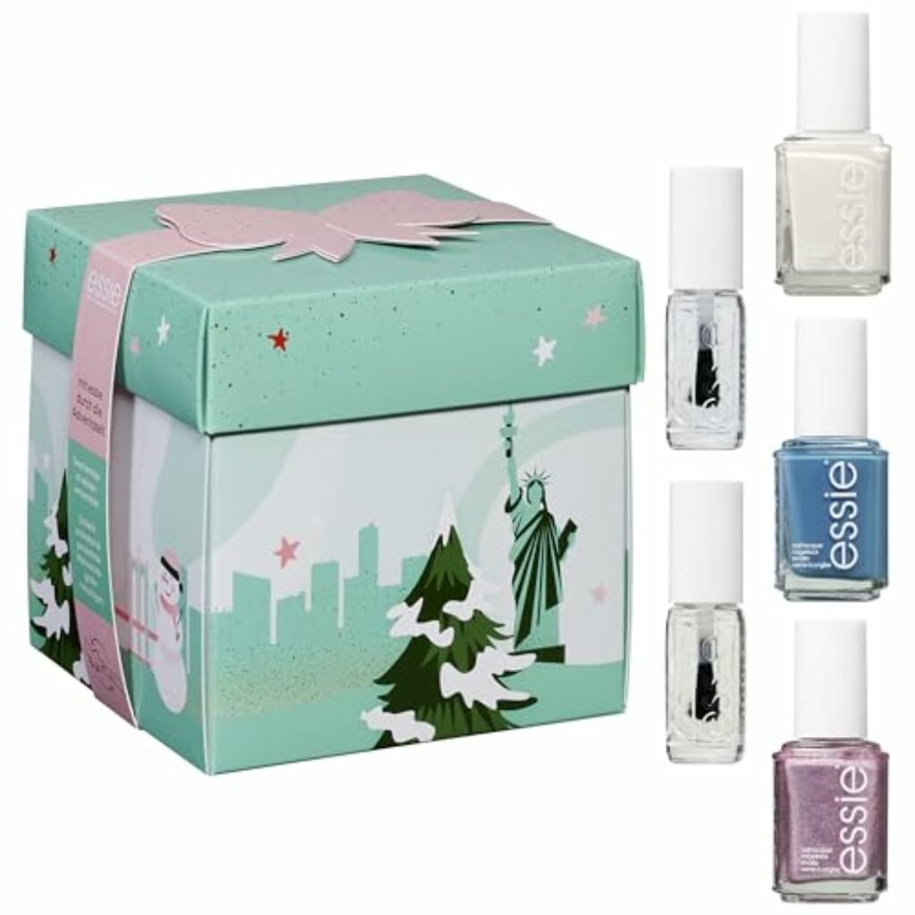 essie Weihnachtsgeschenk in süßer Geschenkbox 2024 – 3 farbige Nagellacke, Nagelhärter und Nagelhaut-Pflegeöl