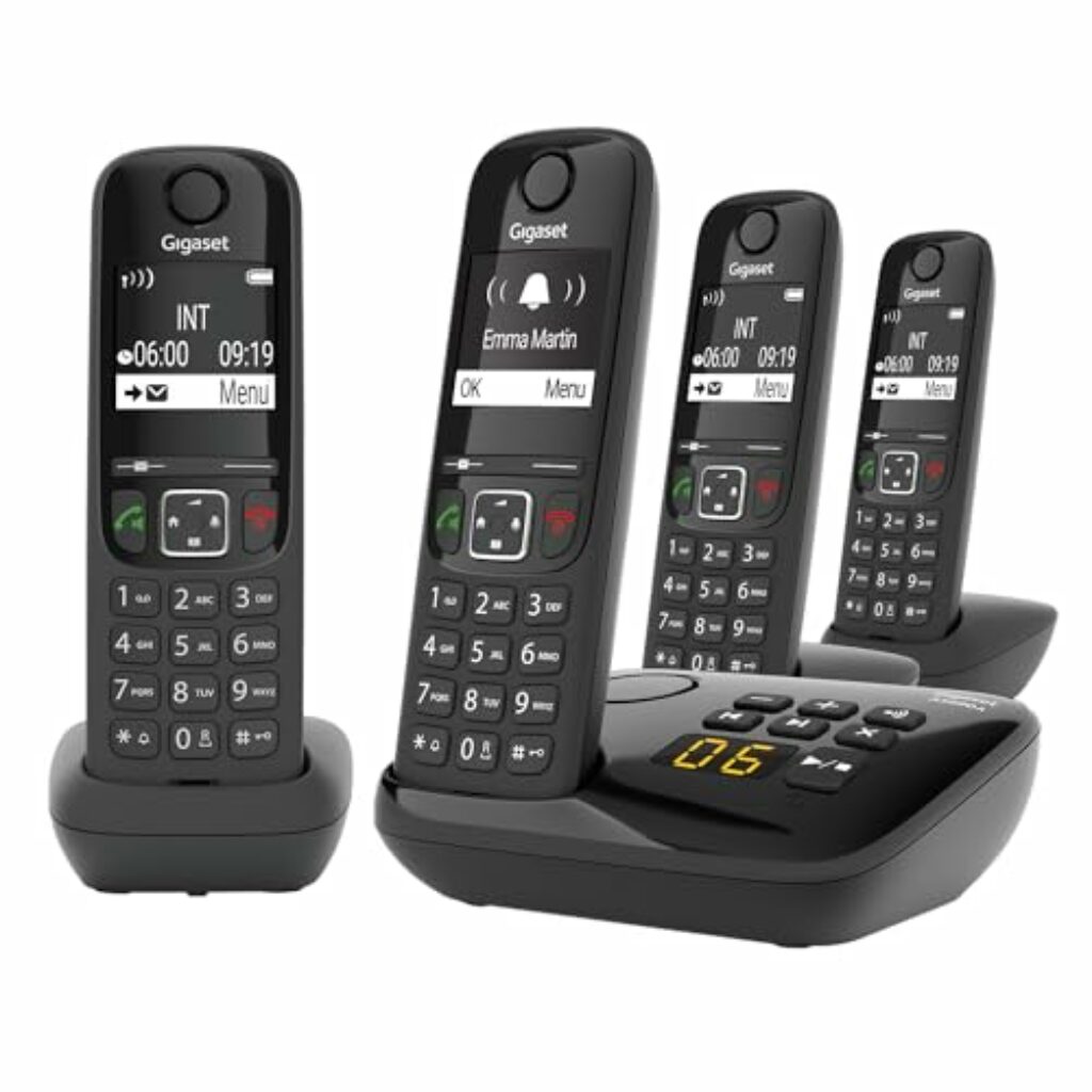 Gigaset AS690A Quattro - 4 Schnurlose DECT-Telefone mit Anrufbeantworter - gut lesbarem kontrast Display - brillianter Audio-Klang - einfache Bedienung - Anrufschutz, schwarz [Deutsche Version]