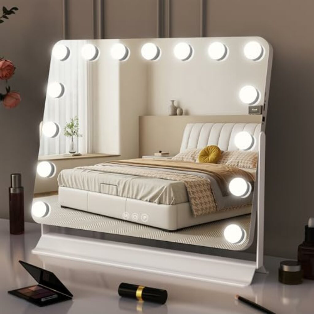 GlamView Schminkspiegel mit Beleuchtung, 58x53cm Hollywood Spiegel mit 15 LED, 360°Drehbarer Schminktisch Spiegel mit 3 Lichtfarben, Enstellbare Helligkeit, mit USB & USB C, Smart Touch Steuerung