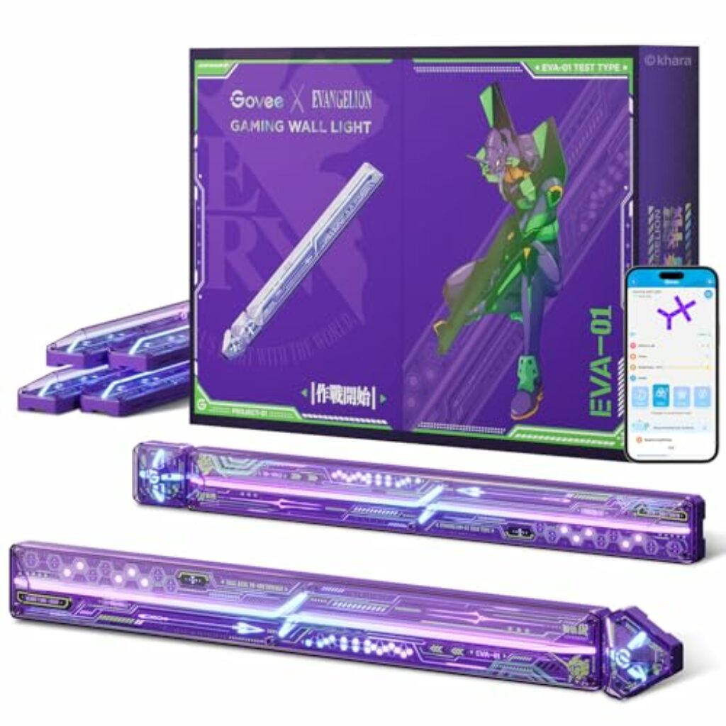 Govee x EVANGELION Glide LED Wandleuchte, Gaming Wall Light RGBIC, DIY Mecha-Stil Formen, Gaming Licht Deko für Spielzimmer, Smart Wandlampe Kompatibel mit Matter und Alexa, 6pcs und 2 Ecken