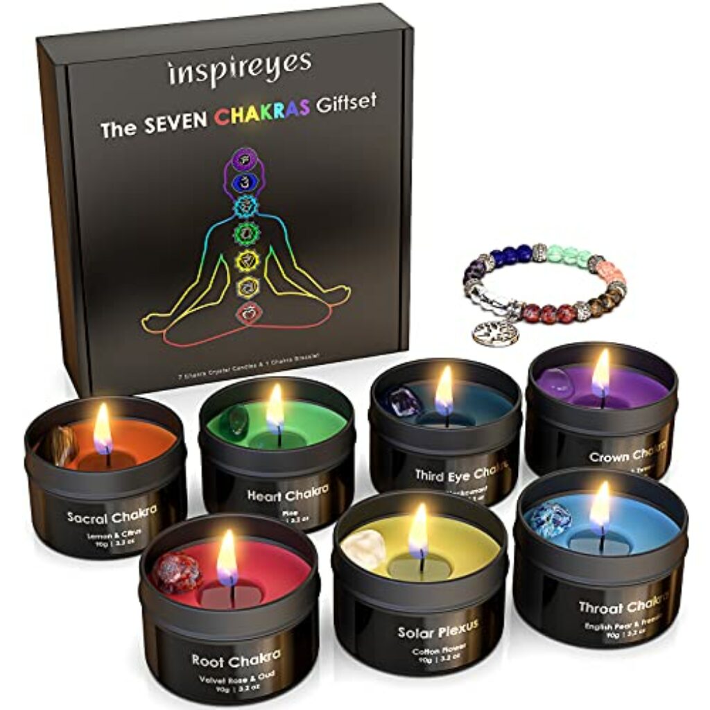 Inspireyes Chakra Kerze mit Premium-Kristall und Heilsteinen, Meditations-Duftkerzen, Geschenkset für Frauen, Stressabbau, spirituelle Dekoration, Yoga, Aromatherapie, 7er-Set, Schwarz