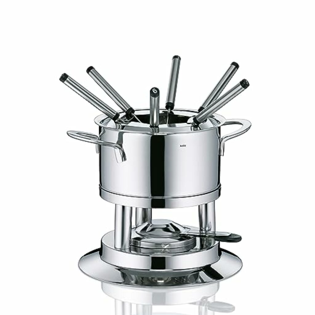 Kela Fleischfondue Set 10tlg, Edelstahl Fondue für 6 Personen Cailin, Fondueset mit Brennpastenhalter, Gabeln, Gabelhalter, 18|10, Silber, teilig