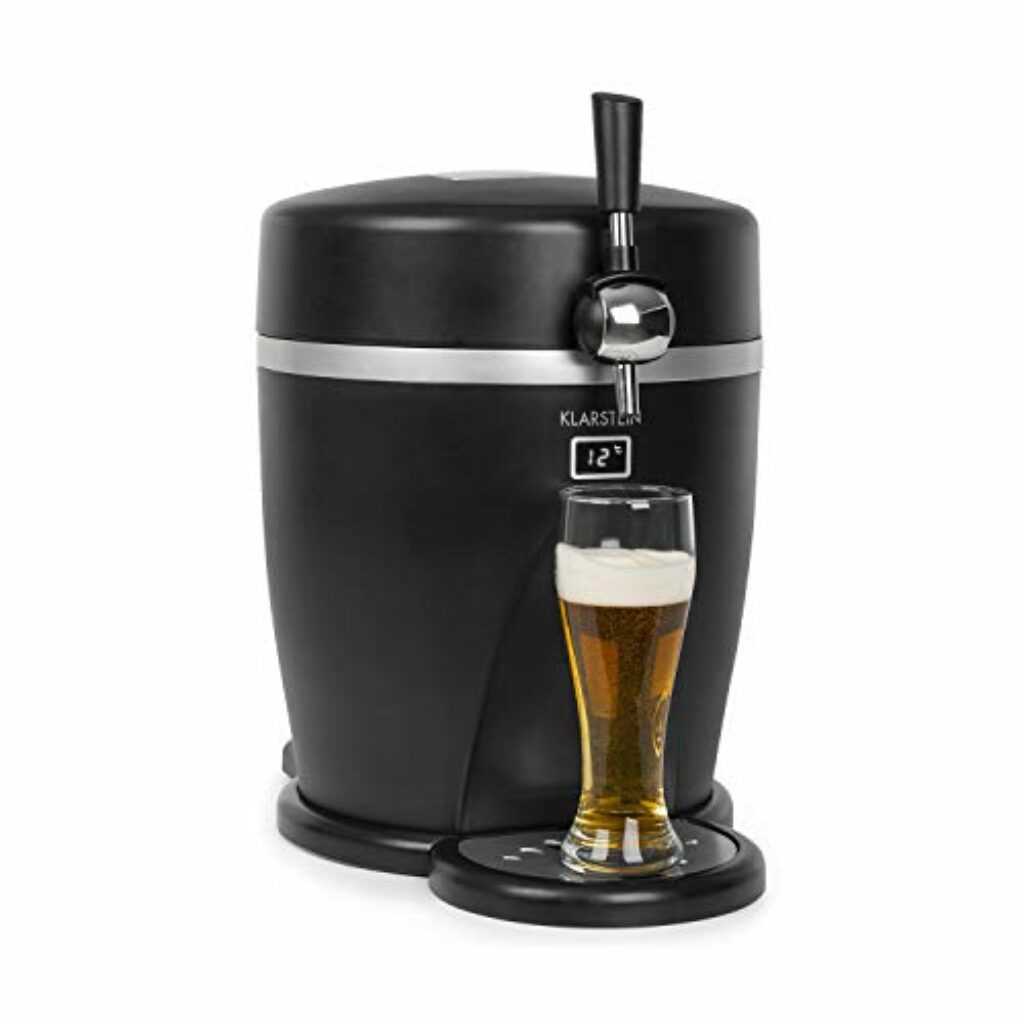 Klarstein Tap2Go mobile 2-in-1 Bierzapfanlage mit Getränkekühler, für 5l Fässer, 13l Kühlschrank, Zuhause und im Auto verwendbar, Kühltemperaturen: bis zu 3°C,thermoelektrisches Kühlsystem, schwarz