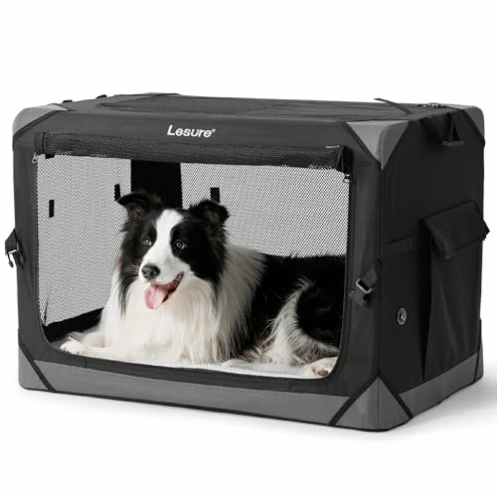 Lesure Hundebox Faltbar, Transportbox Hund, Stabile Transportbox mit Tragegriffen, 82x58x58 cm, Klein & Groß Hundebox Faltbar, Atmungsaktiv Tragbar Transportabel, Oxford-Gewebe, Schwarz