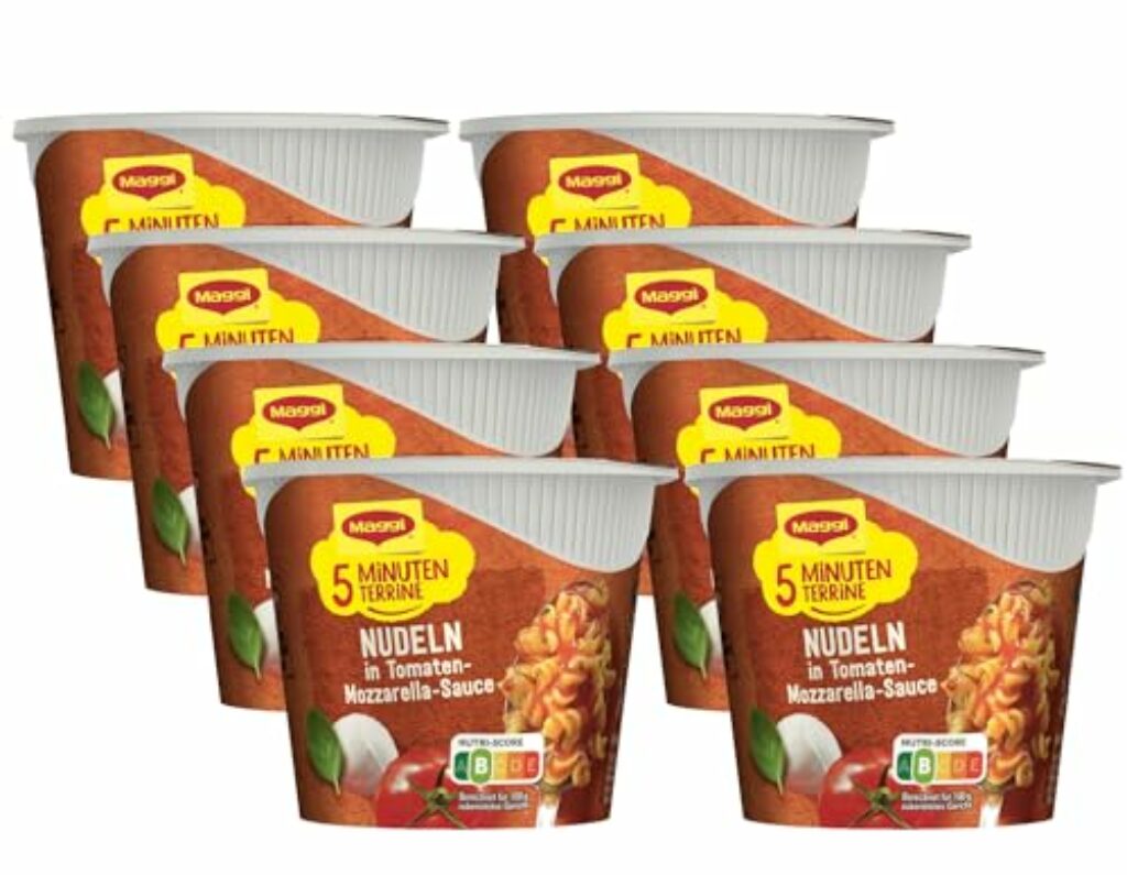 MAGGI 5 Minuten Terrine Nudeln in Tomaten-Mozzarella Sauce, leckeres Fertiggericht, Instant-Nudeln, mit Kräutern, 8er Pack (8 x 55g)