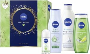 NIVEA Feel Good Geschenkset, Pflegeset mit feuchtigkeitsspendenden Pflegeprodukten, Geschenkbox mit Bodylotion, Pflegedusche, Deo Roll-On und Shampoo