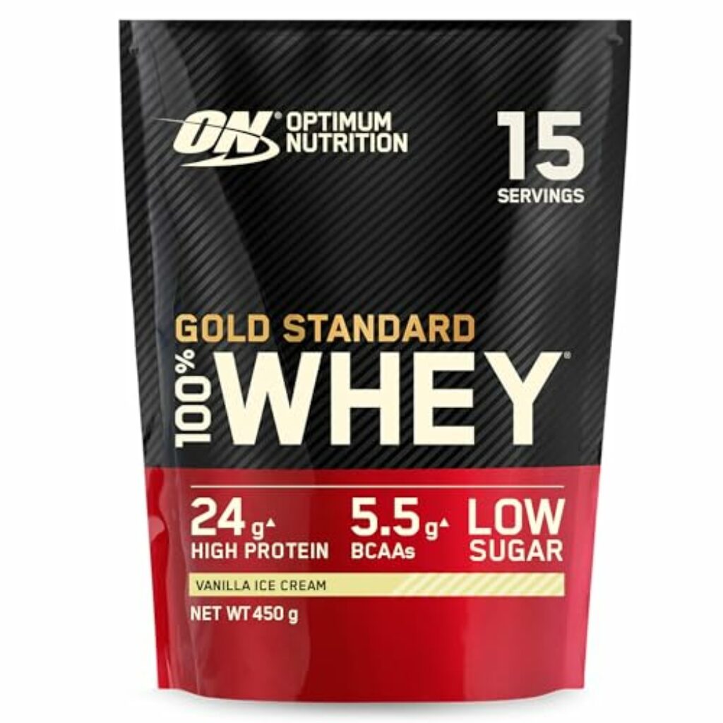 Optimum Nutrition Gold Standard 100% Molkenproteinpulver für Muskelaufbau und -regeneration mit natürlich vorkommendem Glutamin und BCAA-Aminosäuren, Vanilla Ice Cream, 15 Portionen, 450 g