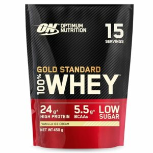 Optimum Nutrition Gold Standard 100% Molkenproteinpulver für Muskelaufbau und -regeneration mit natürlich vorkommendem Glutamin und BCAA-Aminosäuren, Vanilla Ice Cream, 15 Portionen, 450 g