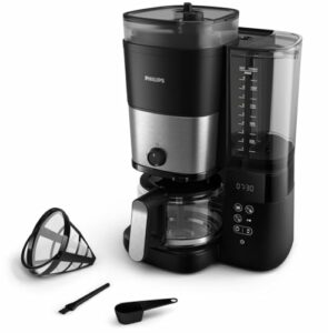 PHILIPS All-in-1 Filterkaffeemaschine - integriertes Kegelmahlwerk für frisch gemahlenen Kaffee - Duo-Bohnenbehälter, 1,25-L-Glaskanne, individuelle Einstellung der Intensität (HD7900/50)