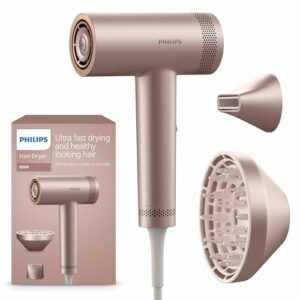 Philips Hochgeschwindigkeits-Haartrockner Serie 8000, ThermoShield Advanced, Ionic, Stylingdüse & Diffusor, Kopfhautpflege, 1400 W, Rose Champagne, Modell BHD837/10