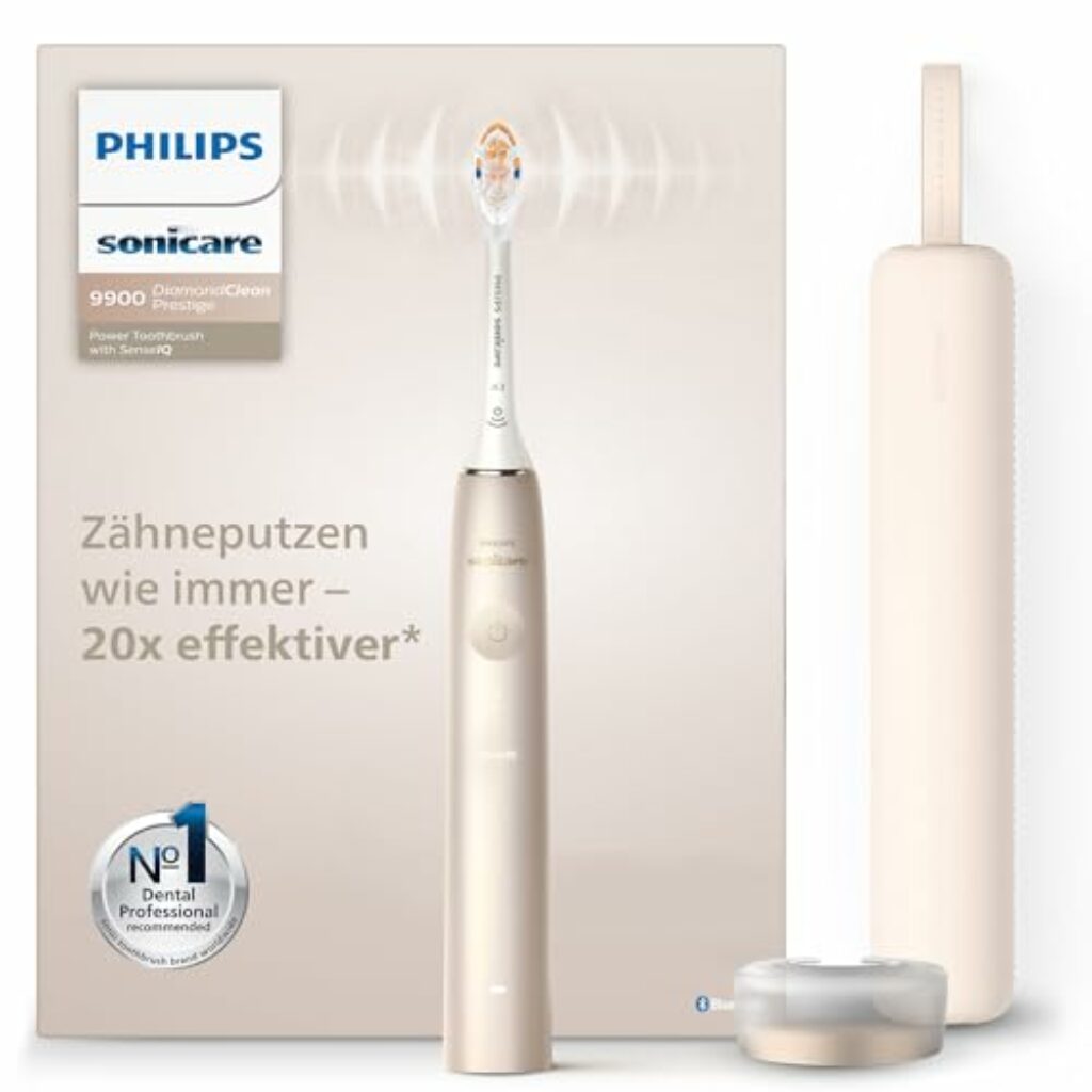 Philips Sonicare DiamondClean Prestige 9900 – Elektrische Schallzahnbürste mit 1x A3 Premium-All-in-One-Bürstenkopf und Ladeetui in Champagner (Modell HX9992/11)