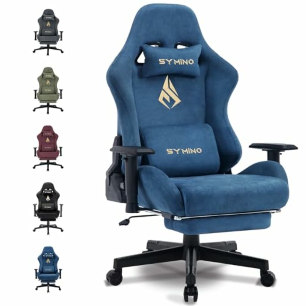 Symino Gaming Stuhl, Atmungsaktiver Bürostuhl aus Hochwertigem Stoff, So Weich Wie Pelz, Ergonomischer PC-Stuhl, Verstellbarer und Drehbarer Schreibtischstuhl mit Fußstütze, Blau