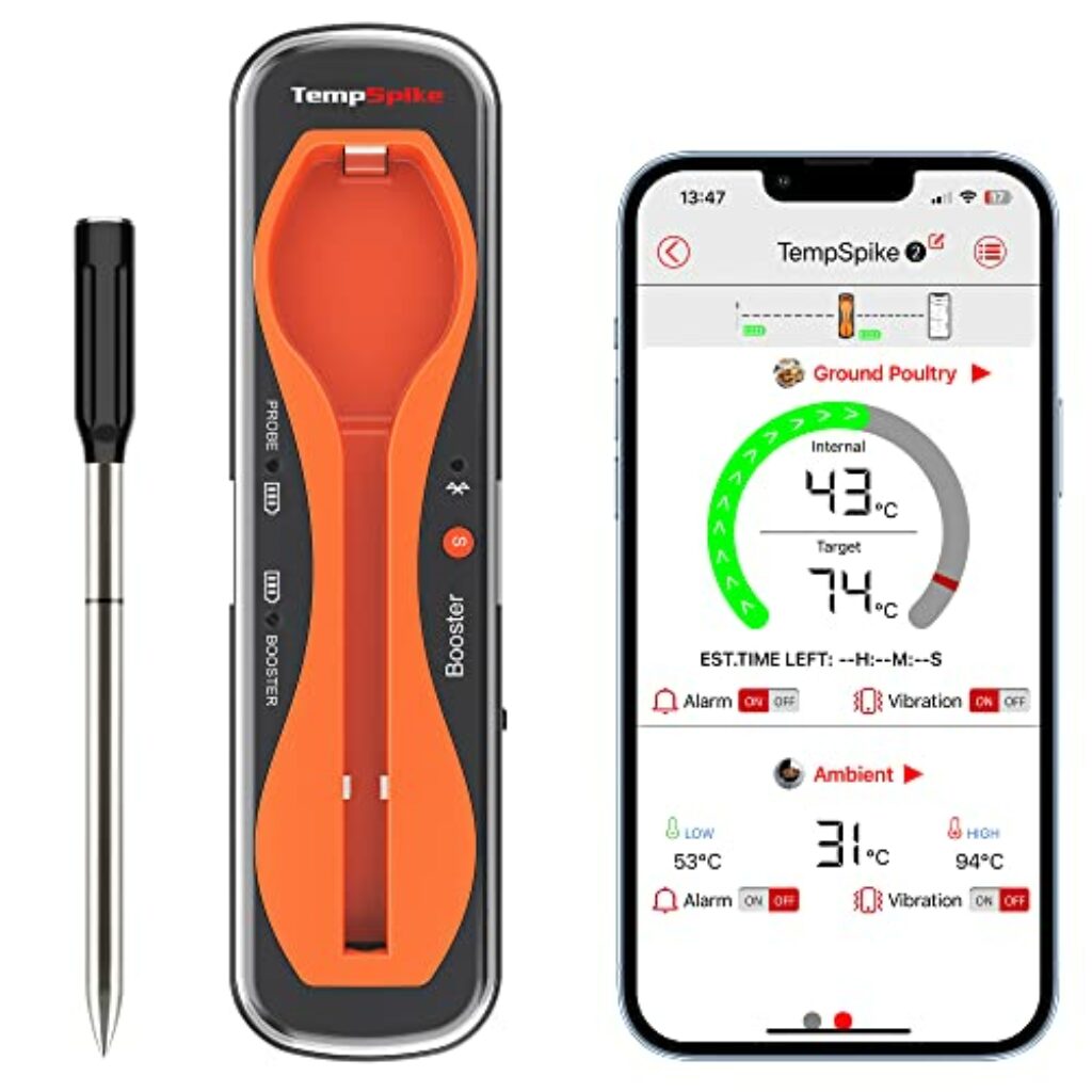 ThermoPro TempSpike Fleischthermometer Kabellos 150m Bluetooth Grillthermometer IP67 Meat Thermometer Bratenthermometer für Backofen Grill Smoker Rotisserie Airfryer Sicher im Geschirrspüler