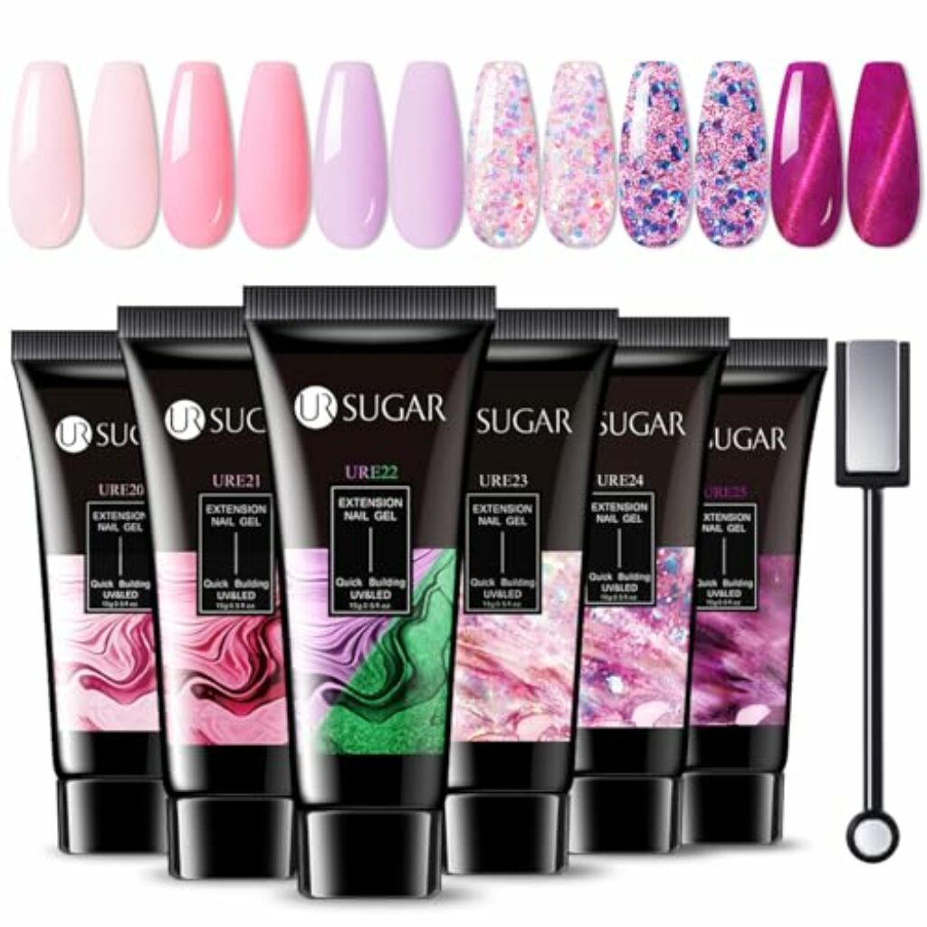 UR SUGAR Polygel Set, Cateye Magnet Poly Extension Gel Nägel Set Nagelverlängerung Builder Gel 6 Farben 15ml Farben Rosa Glitzer Leuchtet im dunkeln Poly Nagel Gel Tuben für Nägel Nagelset