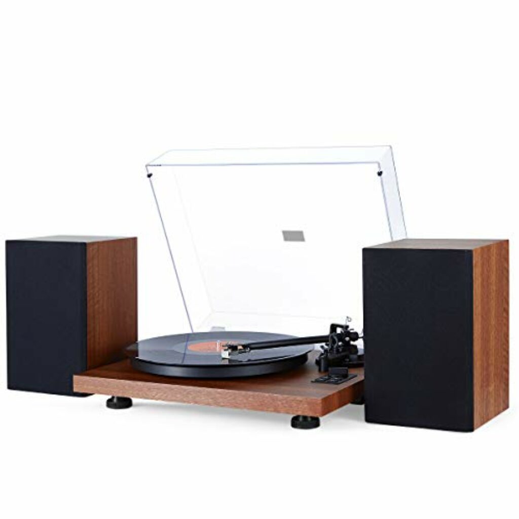 1 by ONE HiFi Bluetooth Plattenspieler mit USB-Anschluss MM System 33/45 U/min Auto-Stopp und Phono-Vorverstärker Riemenantrieb Vinyl Record Player mit 2 Lautsprechern