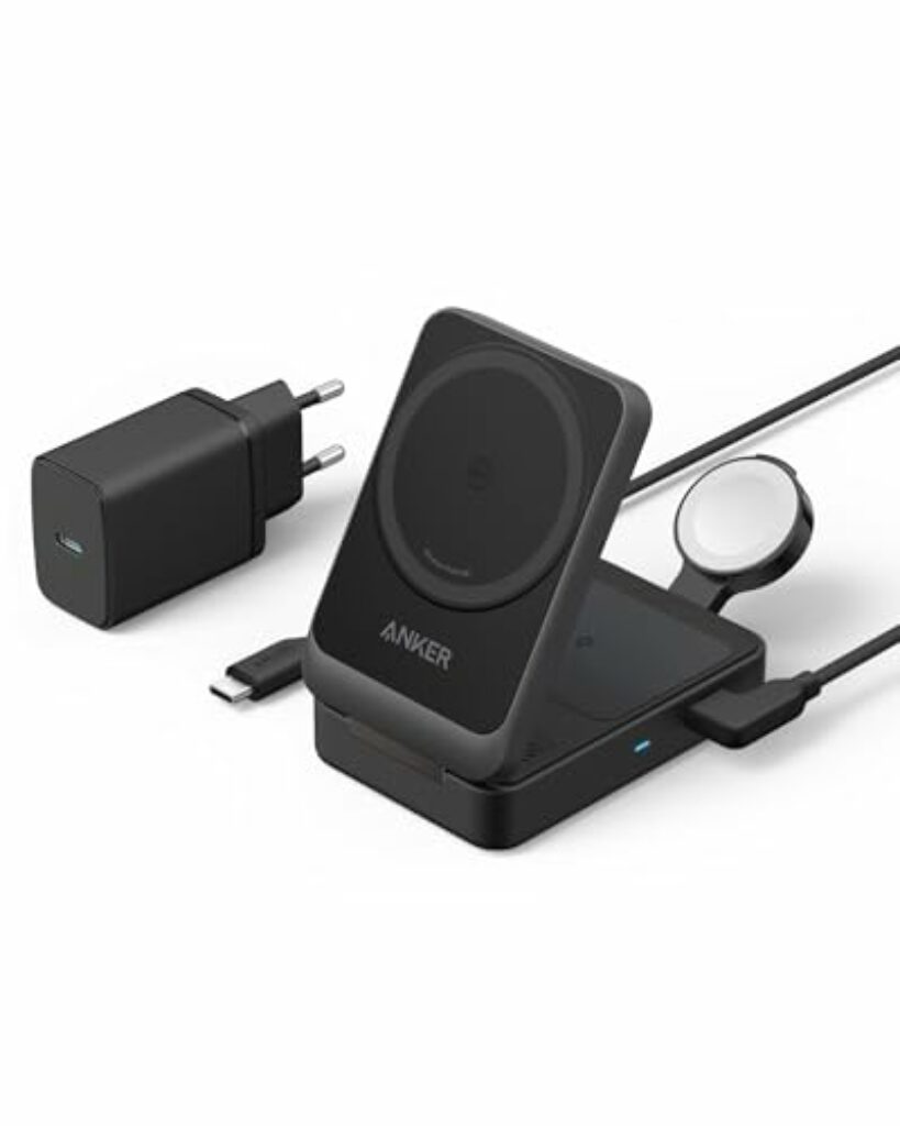 Anker MagGo 3-in-1 Ladestation, Qi2 zertifizierter 15W kabelloser Ladeständer, MagSafe kompatibel, Apple Watch Ladegerät, Für iPhone 16/15/14, AirPods, Apple Watch 9 (Mit 40W USB-C Netzteil)