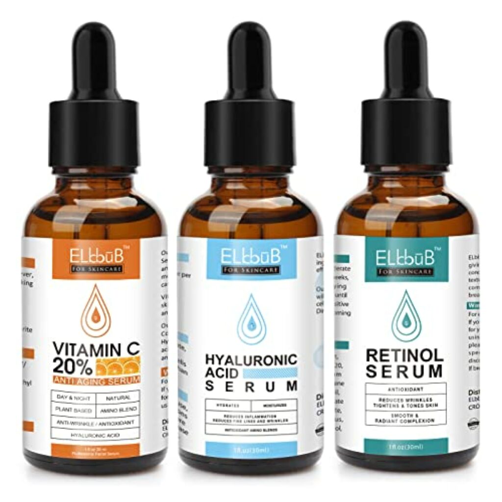 BIO Gesichtspflege Set mit Vitamin C Serum, Retinol Serum, Hyaluron Serum für das Gesicht, Glow-Booster, Aufhellendes,Dermaroller geeignet - Vegan Naturkosmetik für Gesicht/Augenpartie