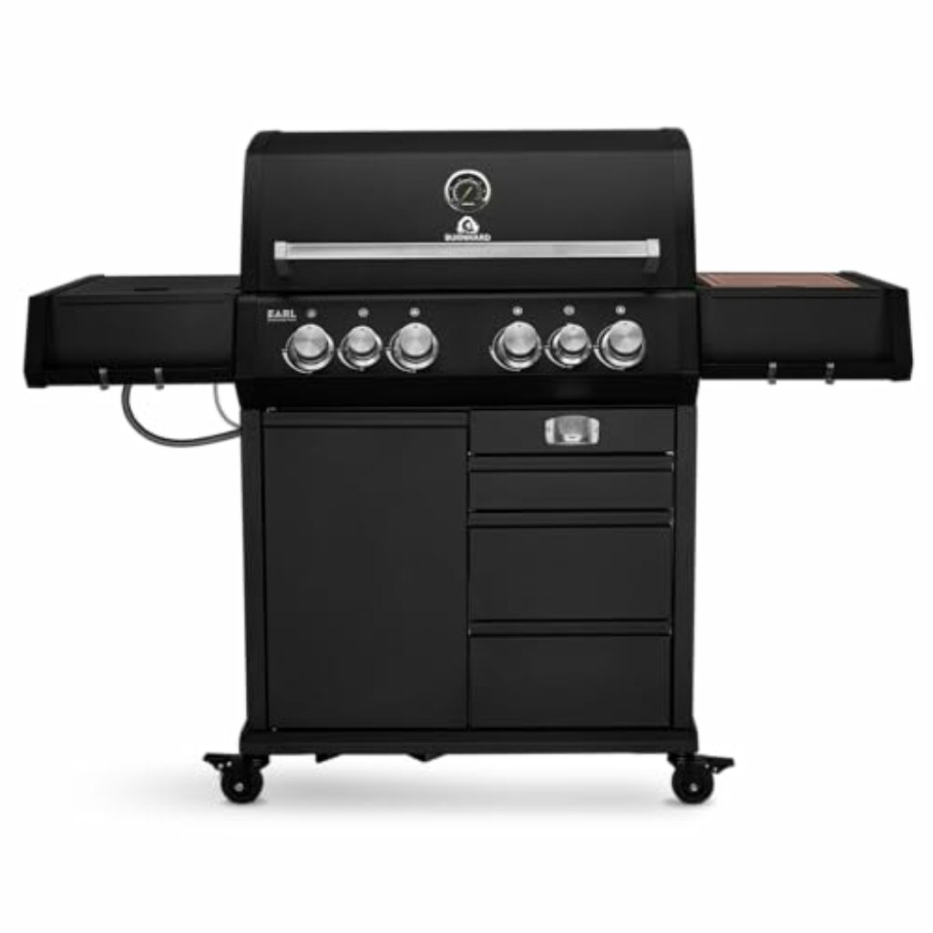 BURNHARD Big Earl Black 4-Brenner Gasgrill Edelstahl inkl. Heckbrenner, mit Gusseisen Grillrost & inkl. Stabiler Abdeckhaube, Seitenkochfeld mit Infrarot Keramikbrenner