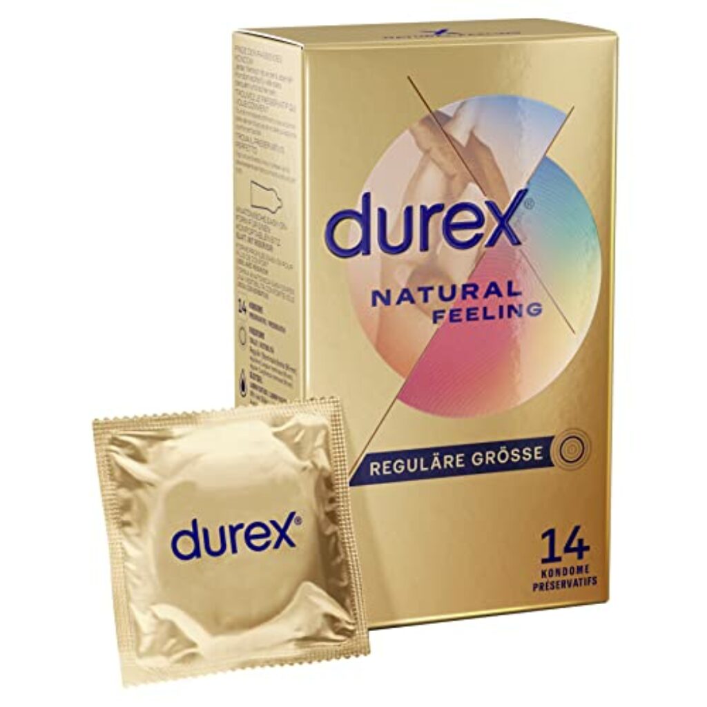 Durex Natural Feeling Kondome – Latexfreie Kondome aus Real-Feel-Material & mit anatomischer Easy-On-Form – 14er Pack (1 x 14 Stück)