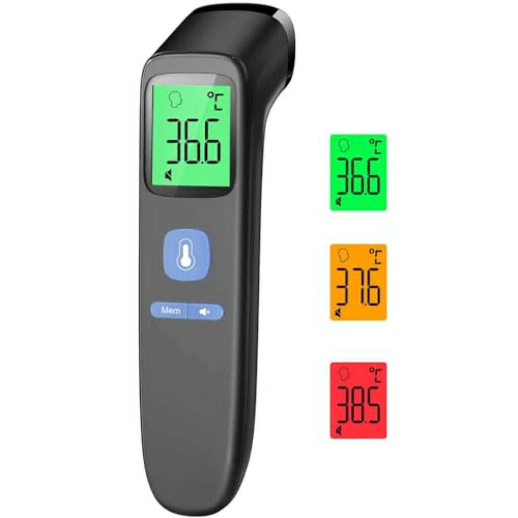 Fieberthermometer für Babys Kinder Erwachsene, Kontaktloses Stirnthermometer, Digitales Infrarot Thermometer mit sofortigen genauen Messwerten, Fieberalarm, LCD-Anzeige und 35 Speicherabruf,Schwarz