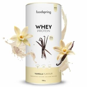 foodspring - Whey Protein Pulver Vanille – Mit 23g Eiweiß zum Muskelaufbau, perfekte Löslichkeit, ultrafiltriert, reich an BCAAs & EAAs – vollmundiger & leckerer Geschmack (750g)