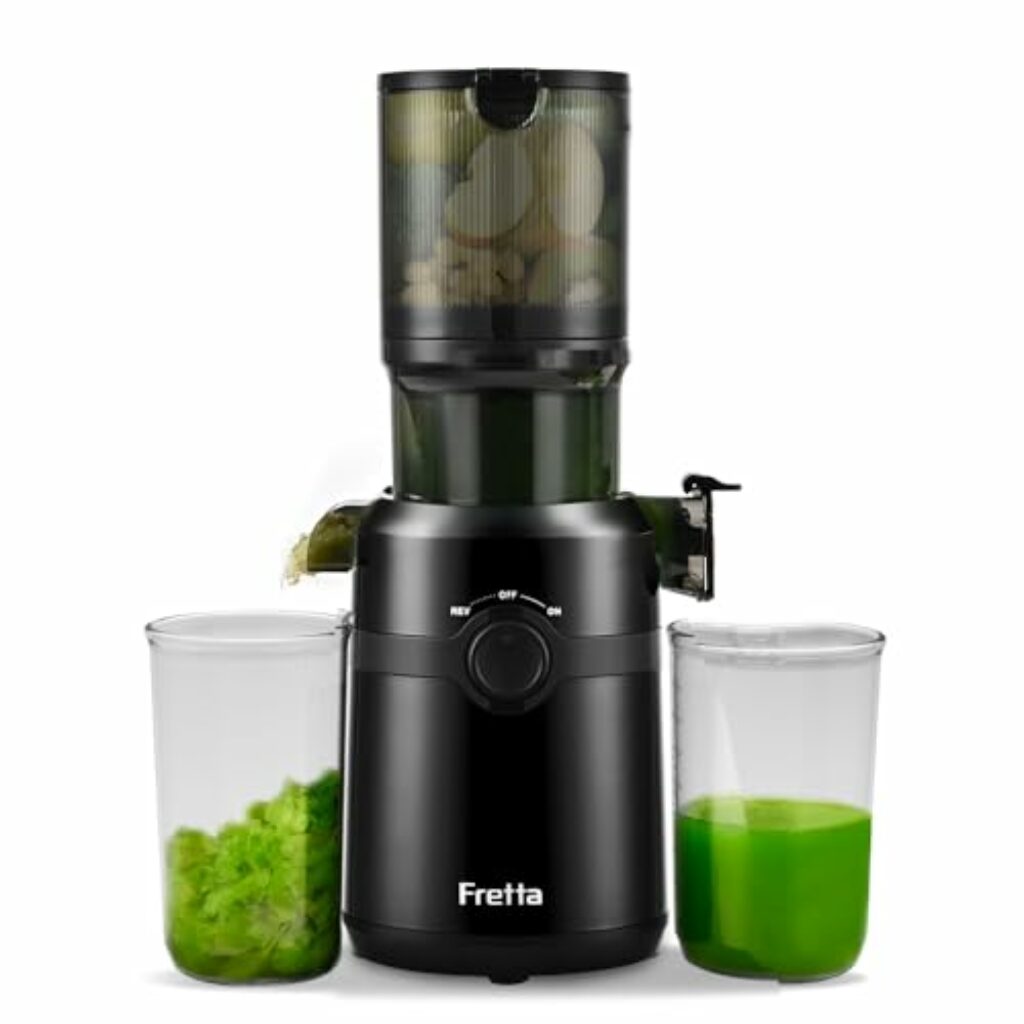 Fretta Entsafter Slow Juicer mit 108 mm XL Öffnung&1L Kapazität,Entsafter Gemüse und Obst,200W Saftpresse elektrisch mit Cold Press,Einfache Reinigung und Leiser Motor,BPA-frei(Schwarz,1L)