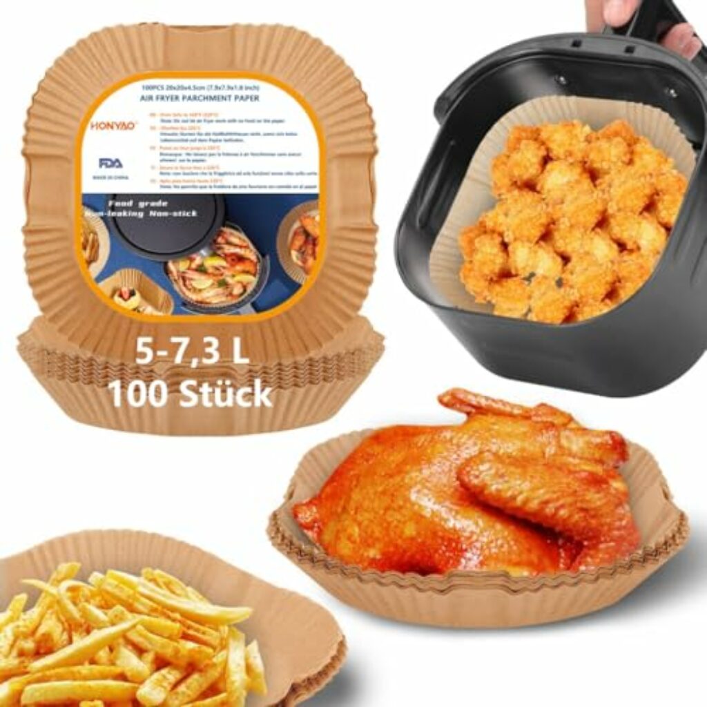 HONYAO Backpapier für Heißluftfritteuse XXL 5-7,3 L, 100 Stück Quadrat 20x20 cm Air fryer Backpapier Antihaft Einwegschalen Luftfritteuse Pergamentpapier Kompatibel mit COSORI,Philips,Cecotec Airfryer