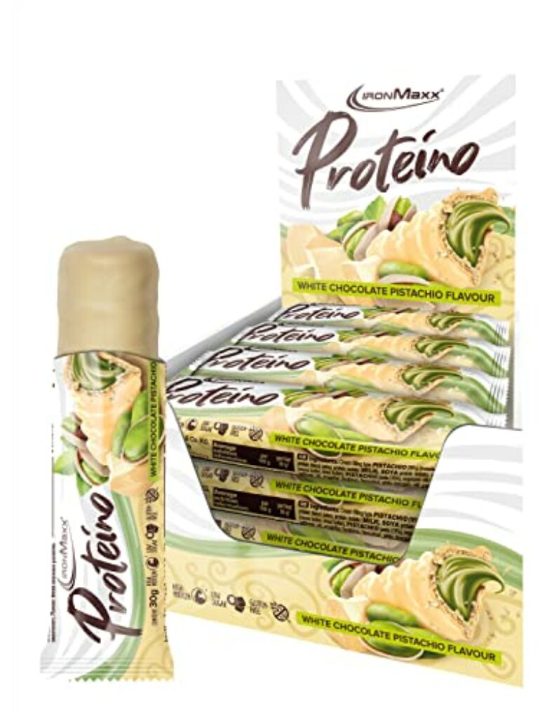 IronMaxx Proteino Proteinriegel - White Chocolate Pistachio 12 x 30g | High-Protein-Bar auf Waffelbasis mit cremiger Füllung | zuckerreduzierter Eiweißriegel glutenfrei und palmölfrei