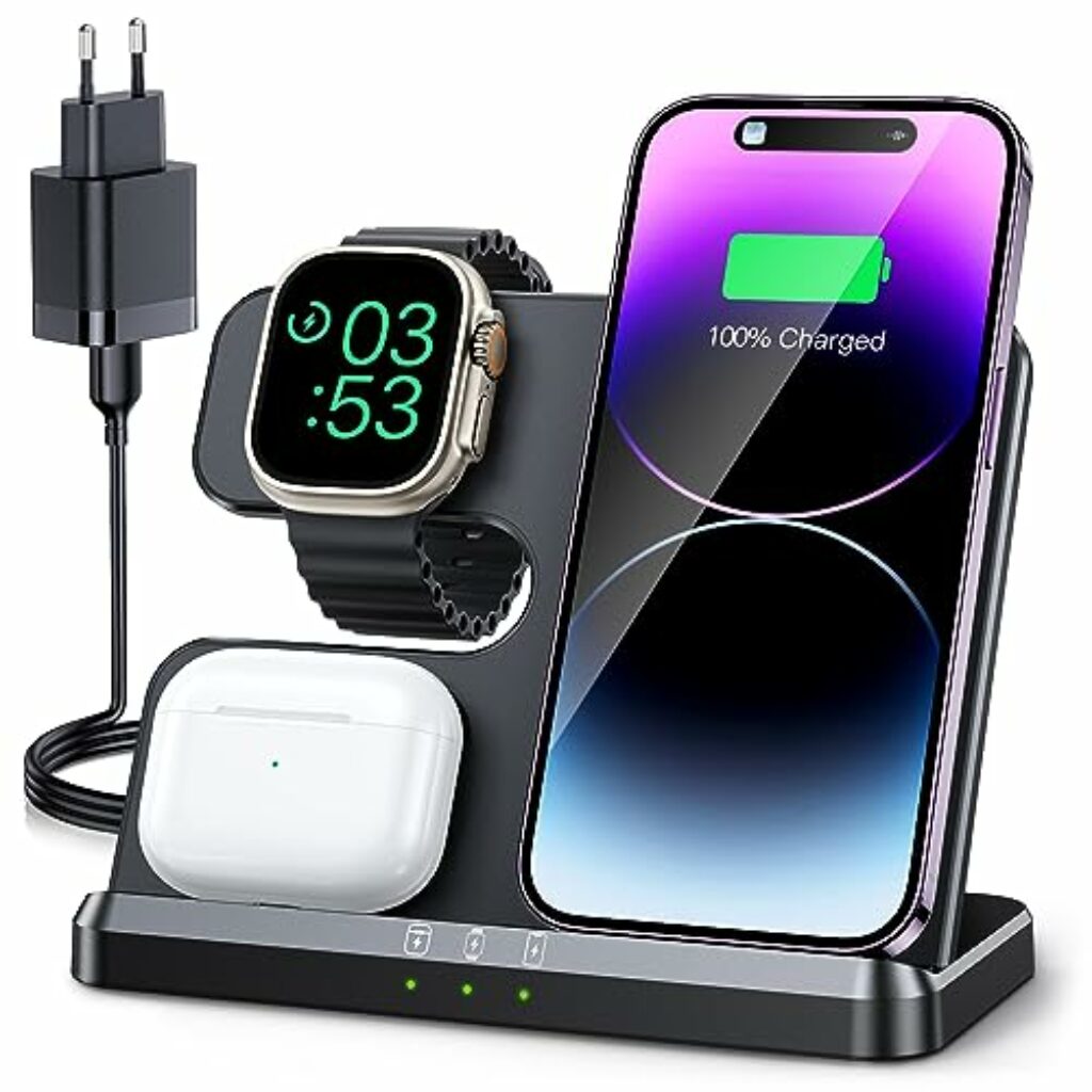 JARGOU 3 in 1 Kabelloses Ladegerät, Induktive Ladestation für Apple Watch und iPhone, Wireless Charger für iPhone 16 15 14 13 12 11 Pro Max, für Apple Watch 10/9/Ultra/8/7/6/SE/5/4/3/AirPods Pro 4 3 2