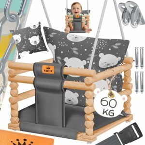 KIDIZ® Babyschaukel Kinderschaukel Schaukelsitz mit Polsterung | Holz-Schaukel mit Anti-Kipp bis 60KG | Höhenverstellbar Indoor & Outdoor | 0,5-3 Jahre | Montagezubehör & Sicherheitsgurt Muster