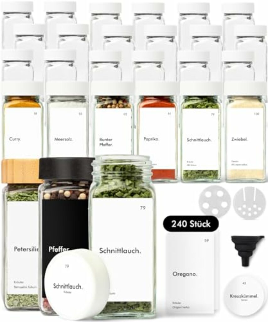 KIVY Gewürzgläser mit Streueinsatz [24x 120ml] + 240 Wasserfeste Label - Luftdichte Gewürzgläser Gold - Gewürzdosen Set Leer - Gewürzstreuer Glas - Spice jars - Gewürzgläser weißer Deckel