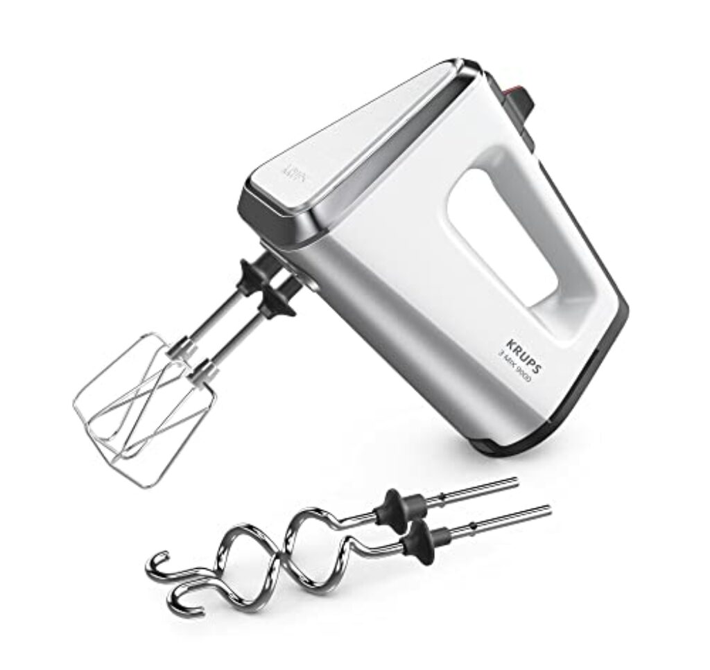 Krups GN9101 3 Mix 9000 Handmixer | 750 Watt | leistungsstark | Geschwindigkeitsregler | Turbomodus | Pulsfunktion | ergonomischer Griff | langes Kabel | inkl. Schneebesen und Knethaken | Weiß/Silber