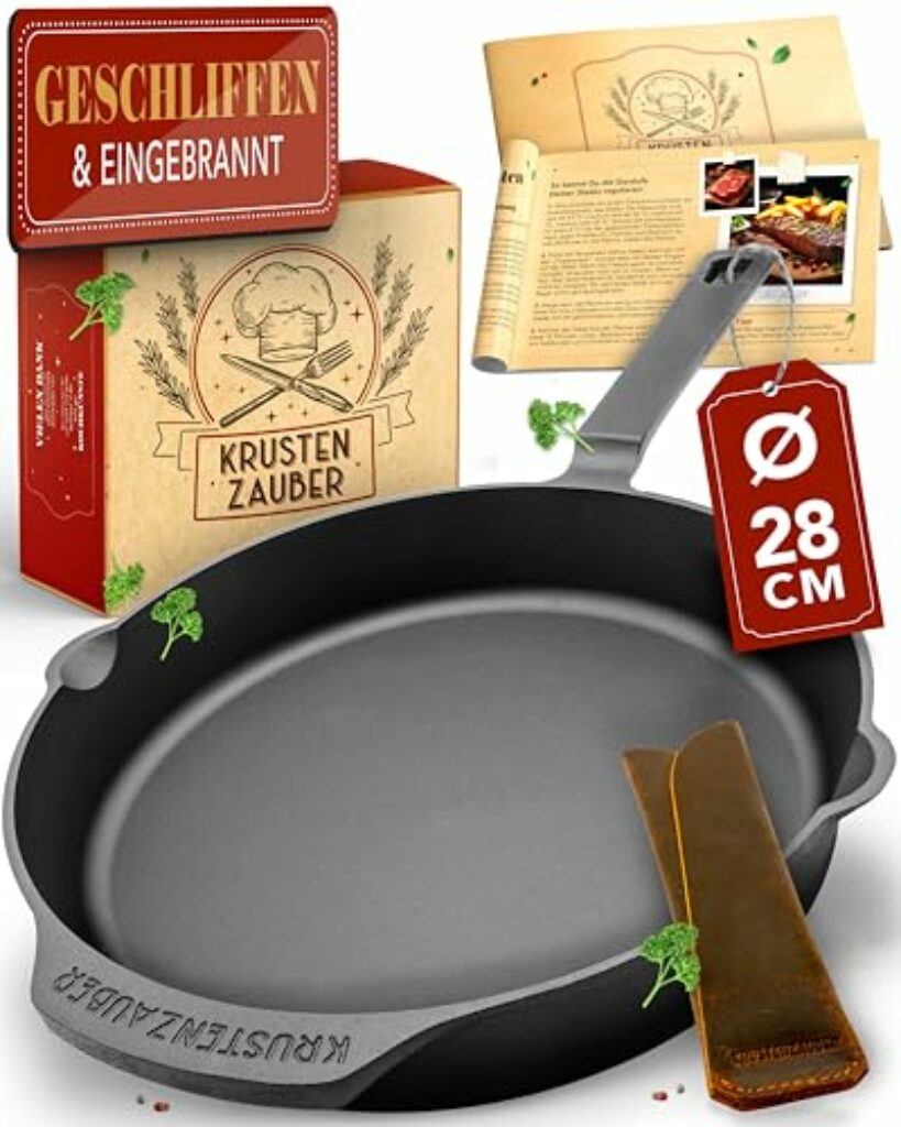 KRUSTENZAUBER Gusseisenpfanne Induktion 28cm inkl. Anleitung und Rezeptbuch - Geschliffene Pfanne Gusseisen, Eisenpfanne, Cast Iron Pan, Gusspfanne, Gusseiserne Pfanne, Gusseisen-Pfanne, Gusspfanne