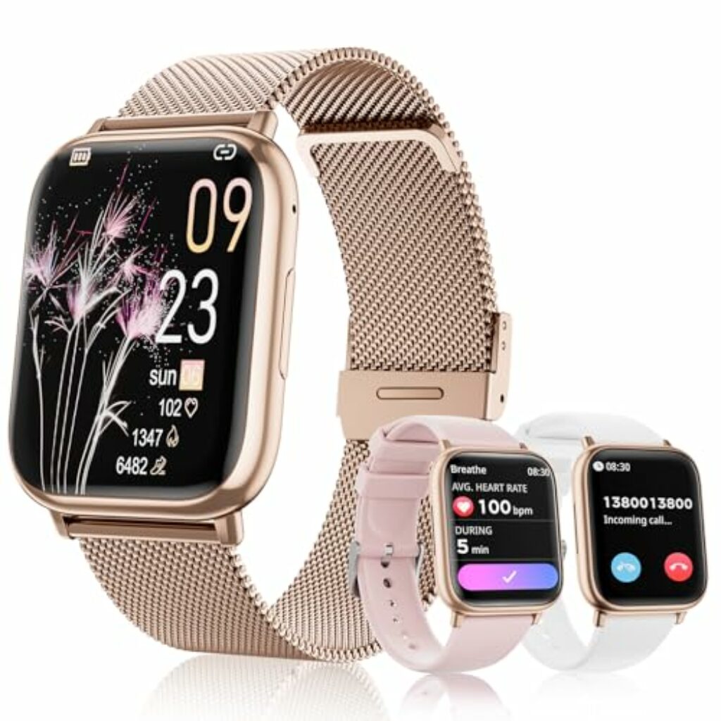 Loekneue Smartwatch Damen mit Telefonfunktion Bluetooth 1.83" Tocuh Uhr mit Menstruationszyklus SpO2 Schlafüberwachung Pulsuhr IP68 Fitness-Überwachung Schrittzähler Android IOS (RosaGold)