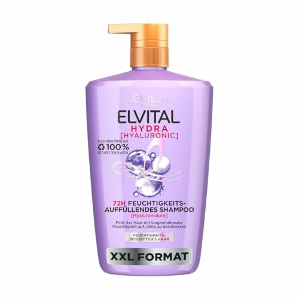 L'Oréal Paris Elvital Hydra Hyaluronic feuchtigkeitsspendendes XXL Shampoo für glänzendes Haar, Hyaluron Shampoo für einen Feuchtigkeitsboost & Schutz, langanhaltende Feuchtigkeit und Pflege, 1000ml