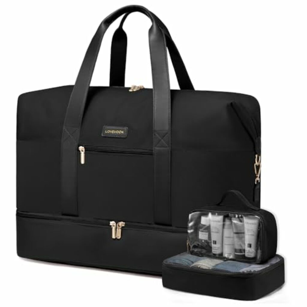 LOVEVOOK Reisetasche Damen Weekender Bag Groß Handgepäck Tasche Sporttasche Kliniktasche Geburt Travel Duffle Bag mit Kulturtasche Schuhfach für Flugzeug Reisen, Schwarz