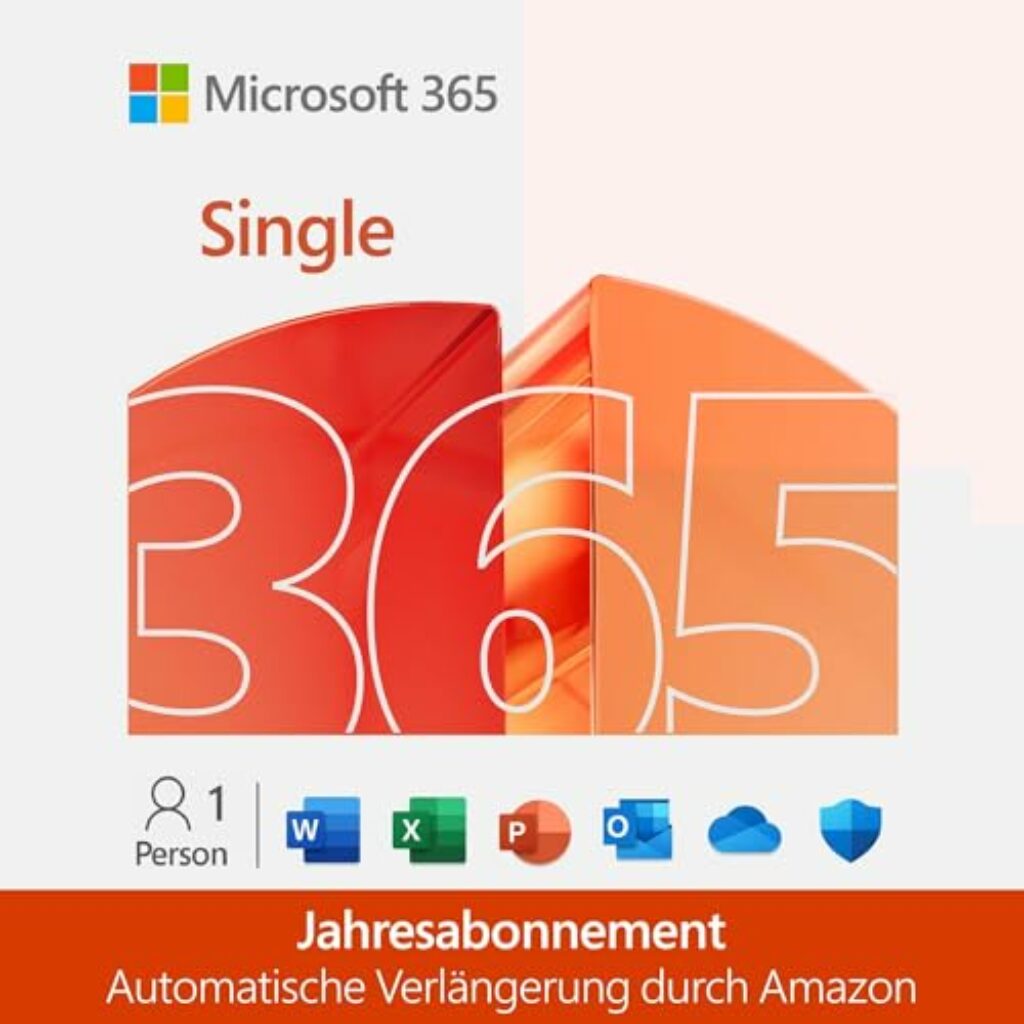 Microsoft 365 Single | 12 Monats-Abo mit automatischer Verlängerung, 1 Nutzer | Word, Excel, PowerPoint | 1TB OneDrive Cloudspeicher | PCs/Macs & mobile Geräte|Amazon Abonnement