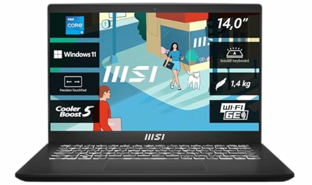 MSI Modern 14 Business Laptop, 35,7 cm (14,0") FHD, Intel Core i5 1235U, 16 GB DDR4 RAM, 512 GB SSD, Intel® Iris® Xᵉ Grafik, Windows 11 Home, QWERTZ Tastatur, schwarz, C12MO-1206