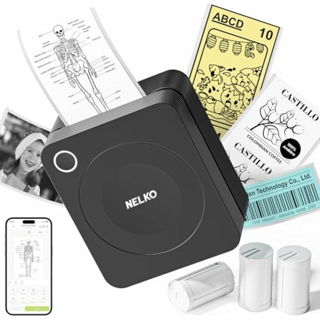 Nelko Aufkleber Drucker, PM230 Mini Drucker Bluetooth Portabel Sticker Maker mit 3 Rollen Papier, für DIY Erstellung, Studiennotizen, Bilder, Quittungen, Mehrere Vorlagen für Telefon & Tablet（Schwarz）