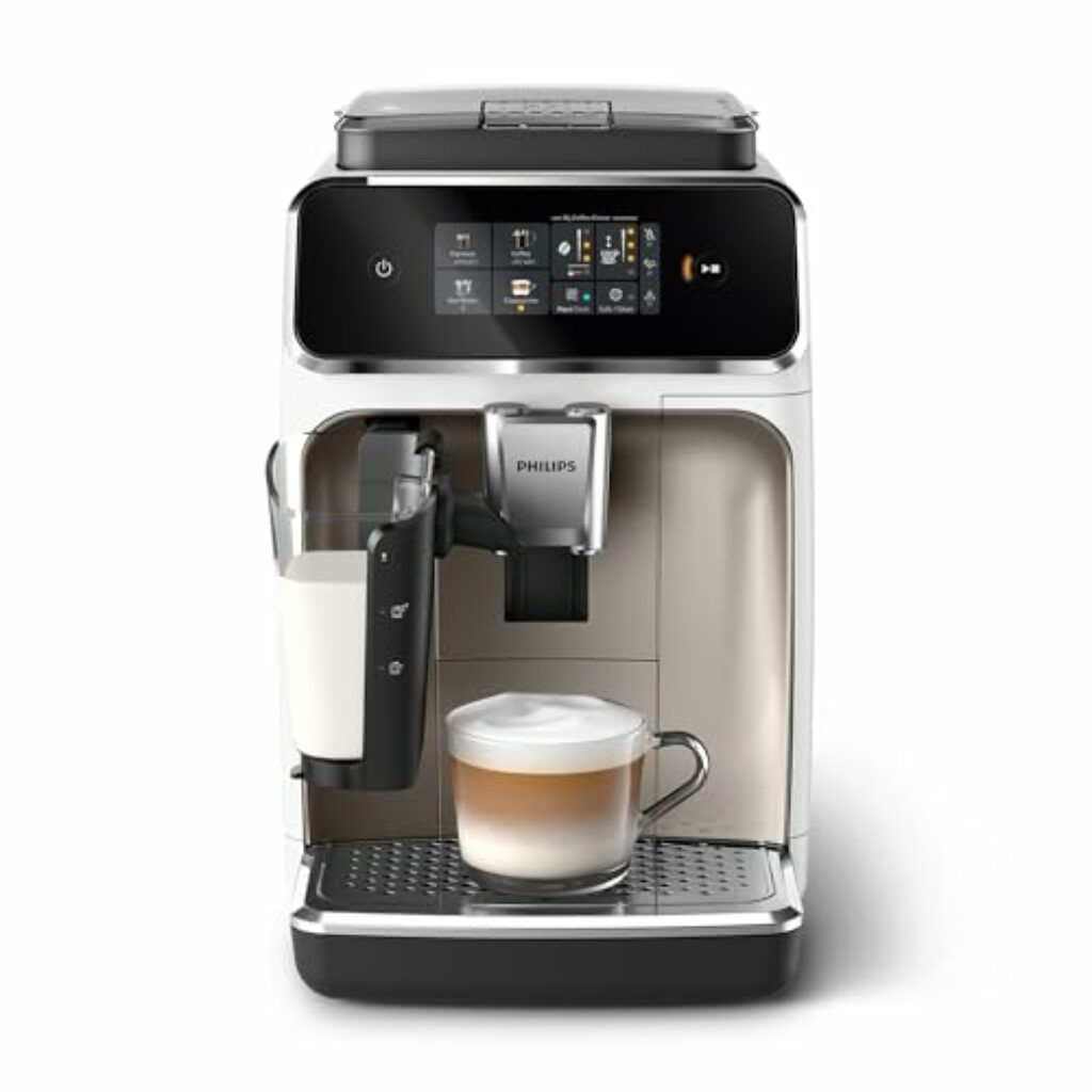 PHILIPS 2300 Serie Vollautomatische Espressomaschine - 4 Getränke, modernes Farb-Touchscreen-Display, LatteGo-Milchsystem, SilentBrew, Keramikmahlwerk, AquaClean-Filter. Weißes Chrom (EP2333/40)