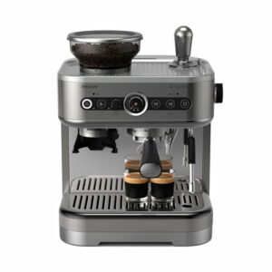 Philips Barista Brew Halbautomatische Espressomaschine - Einfacher & doppelter Espresso + Americano Taste, 250g Bohnenbehälter, Intuitive Führung, Kalibriertes Stampfen, Metall Silber (PSA3218/01)