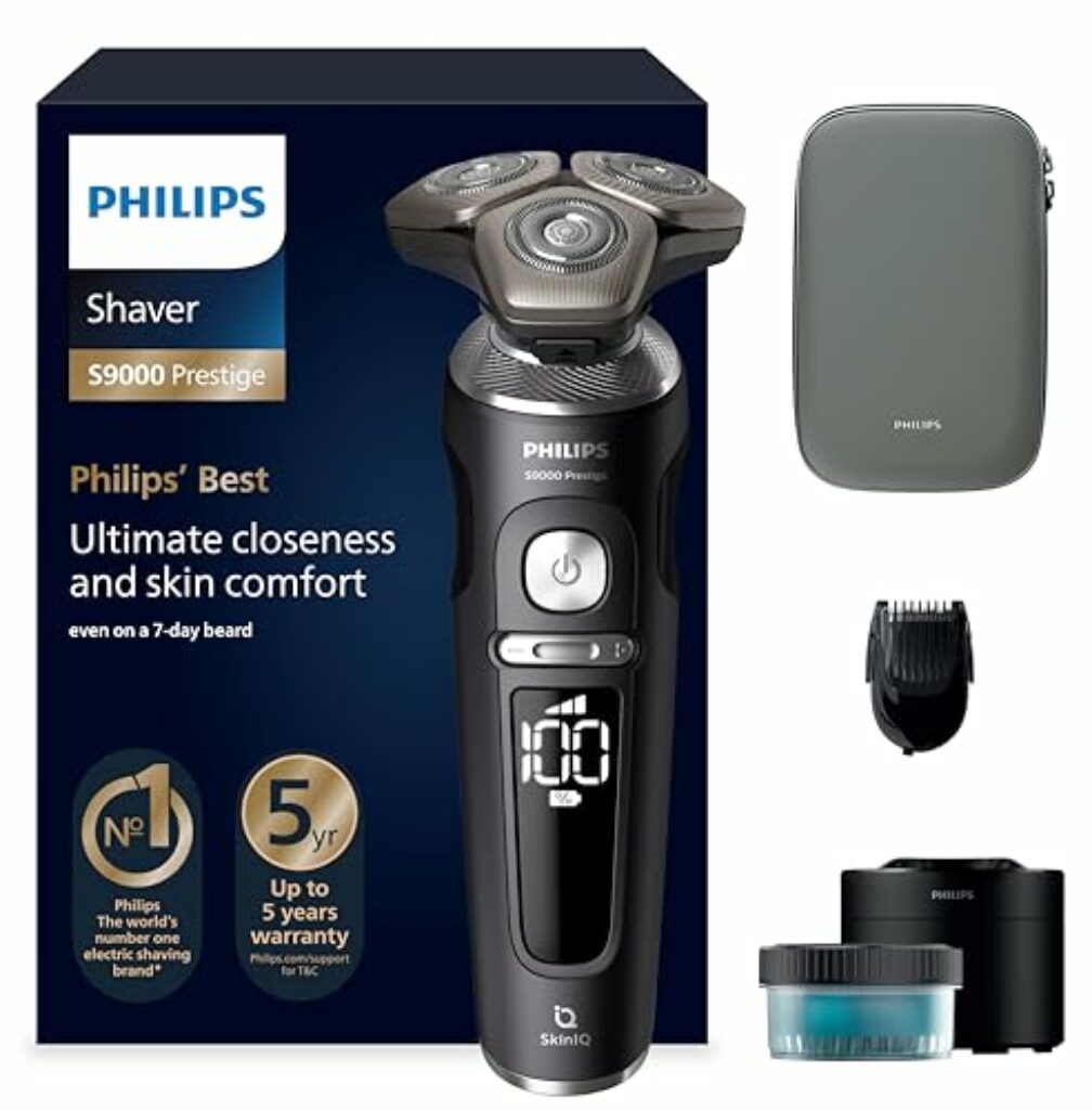 Philips Rasierer S9000 Prestige - Elektrischer Nass- und Trockenrasierer, Schwarz matt, Lift & Cut-Rasiersystem, SkinIQ-Technologie, Bartstyler, Reinigungsstation & Premium-Etui (Modell SP9840/31)