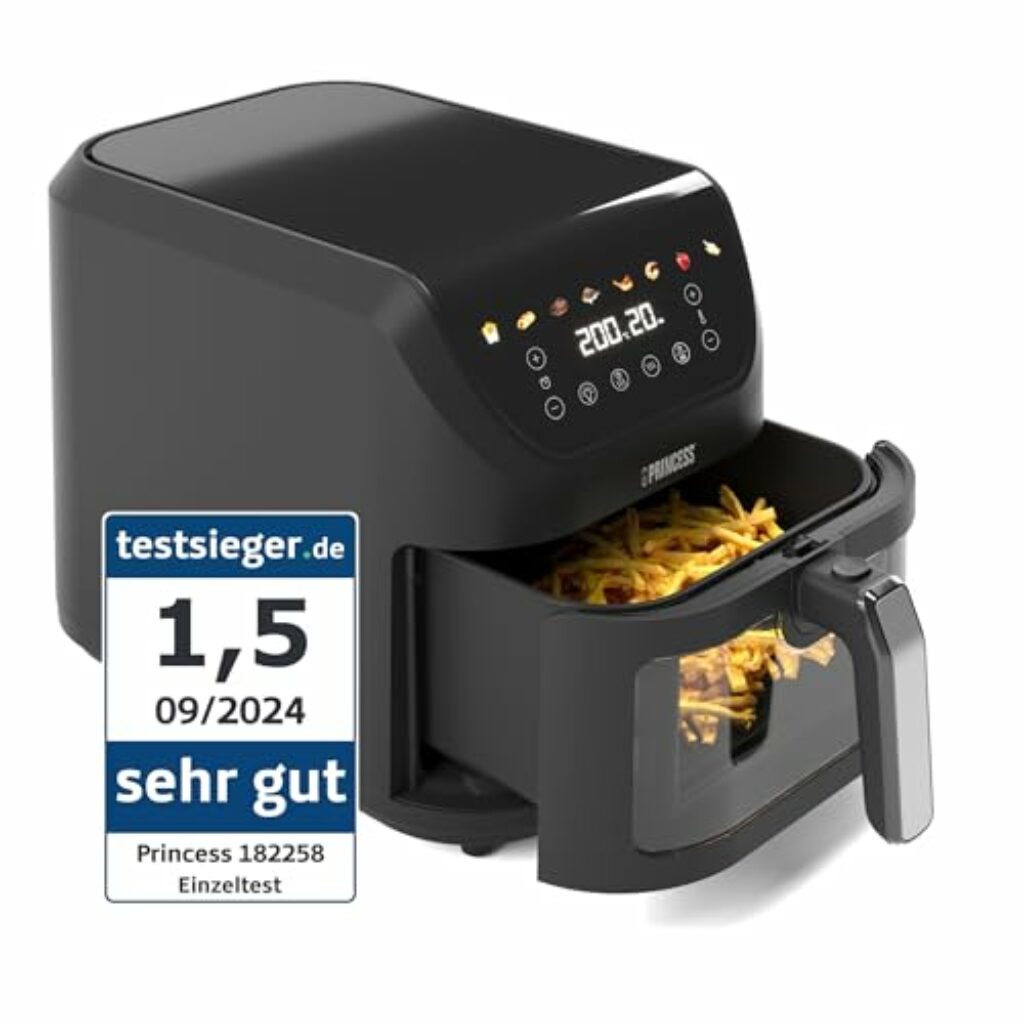 Princess SlimFry Heißluftfritteuse 8 L, platzsparend, fettfreie Kochtechnologie, 8 Programme, Sichtfenster, leistungsstark (2000 W) und leiser Betrieb (55 db), Schwarz, Airfryer 01.182258.01.001