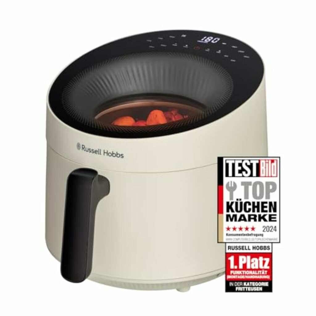 Russell Hobbs Heißluftfritteuse 5L [10 Programme|mit Sichtfenster] AirFryer (Fritteuse ohne Öl, Frittieren, Grillen, Braten, Backen, max 200°C, spülmaschinenfest, Creme) SatisFry Panoramic 27421-56