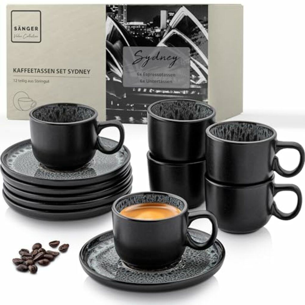 SÄNGER Sydney | Espressotassen Set Steingut 12 teilig, Mokka Tassen Set 6 Personen, Tassen &Untertassen Espresso Tassen spülmaschinenfest mikrowellenfest Tassenset dunkel grau 80 ml | VALUE COLLECTION