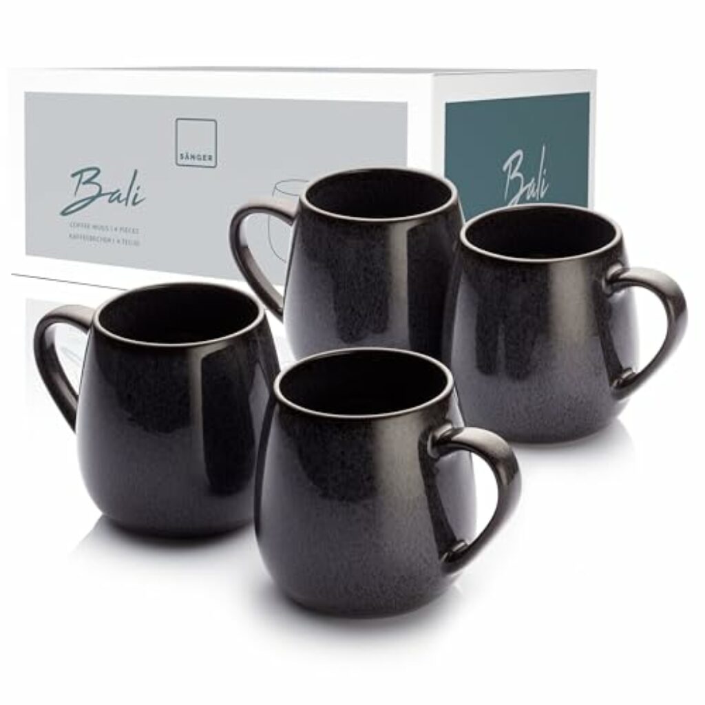 SÄNGER | Tassen Set Bali 4 tlg, Kaffeetassen Set 4 Personen, Steingut Becher Spülmaschinenfest, Handmade Tasse Groß, Coffee Cup, Tea Cup Dunkel Grau mit Dunkler Maserung 350 ml | PREMIUM COLLECTION