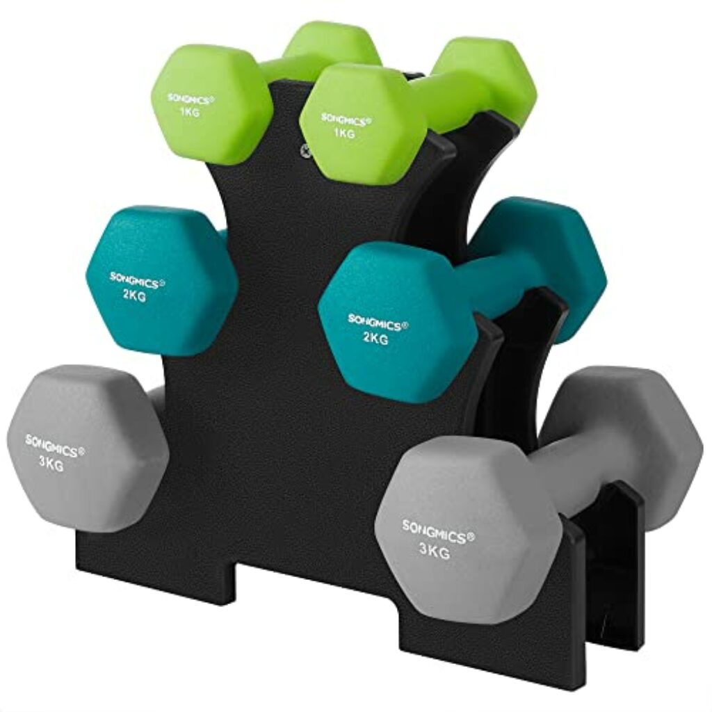 SONGMICS Kurzhantel Set, Hexagon, mit Hantelständer, 2 x 1 kg, 2 x 2 kg, 2 x 3 kg, mattes Finish, Neopren-Beschichtung, Krafttraining, zu Hause, limettengrün, aquamarin und hellgrau SYL612GN